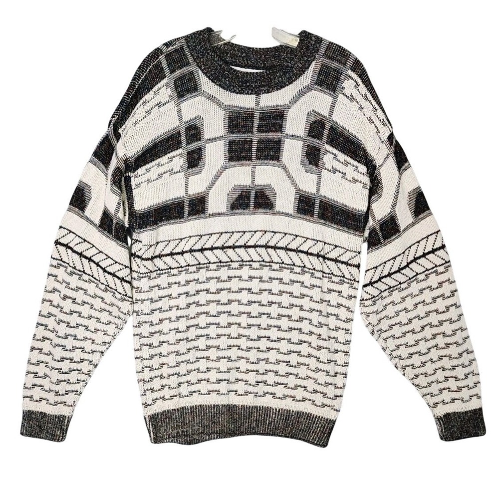 J.J. Cochran Sweater Mens L Cream Black Geometric Vintage 90s Coogi Style Knit